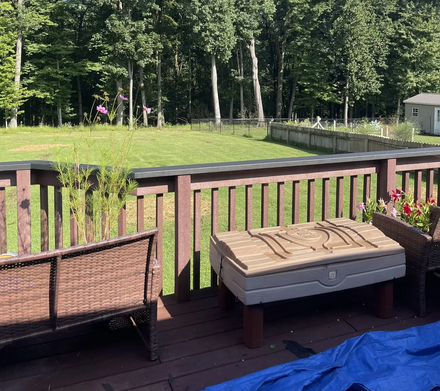 New black 2×6 top rail above the existing brown deck railing overlooking the backyard